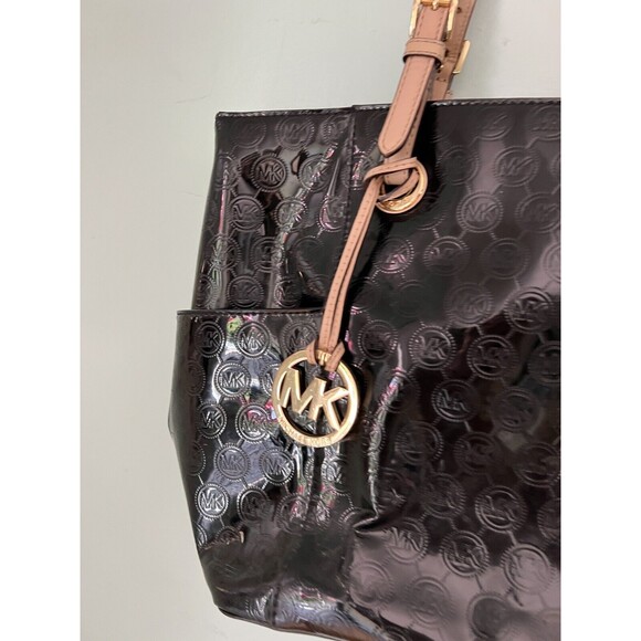 Michael Kors Collection Womens Tote Bag Black Patent Tan Dual Handle Monogram L - Picture 2 of 7